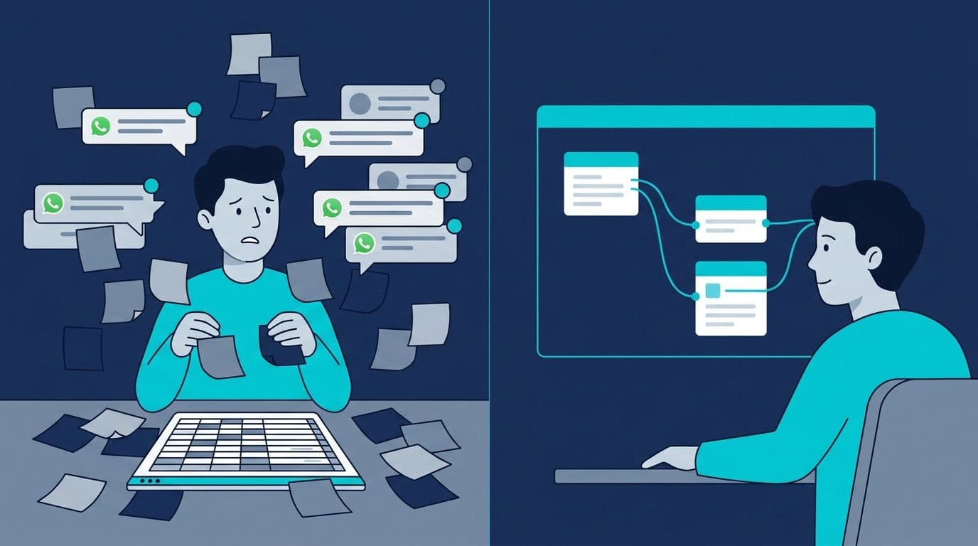 Comparación entre tareas manuales de CRM y un flujo de trabajo automatizado de gestión de clientes.